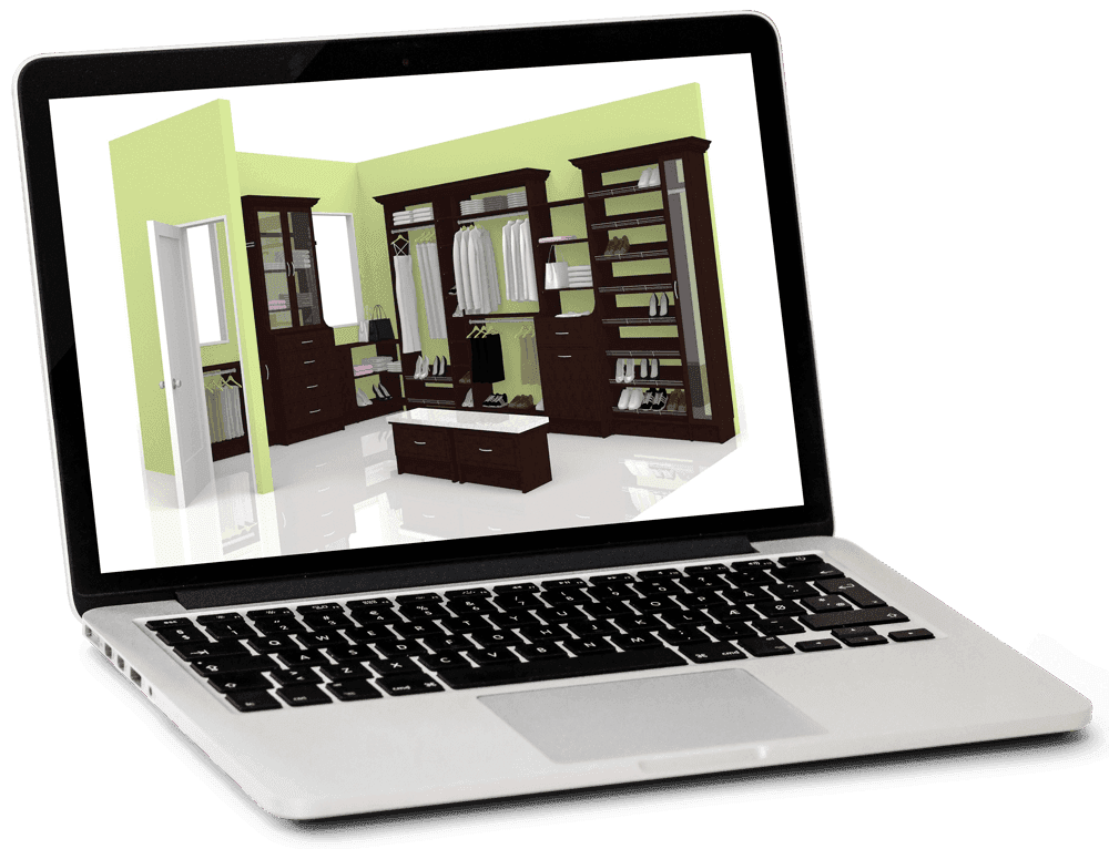 A 3D closet design shown on a laptop screen