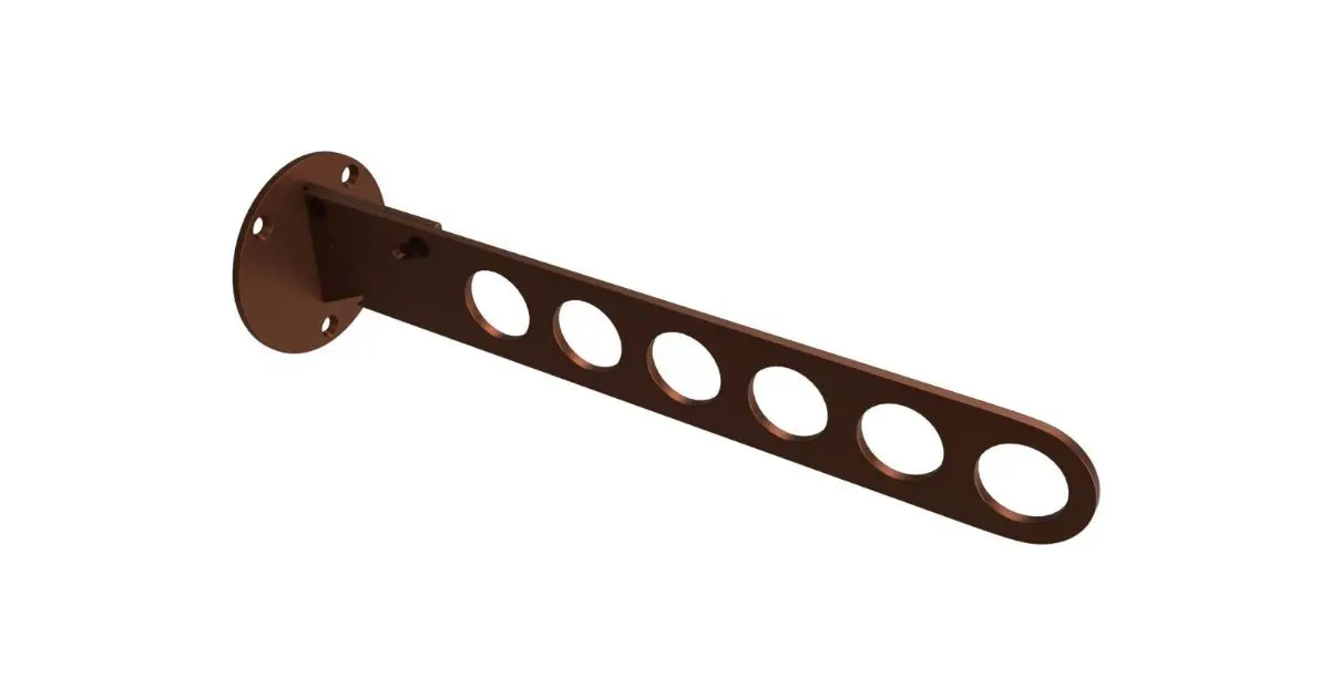 A brown clothes rack with holes in it on a white background.
