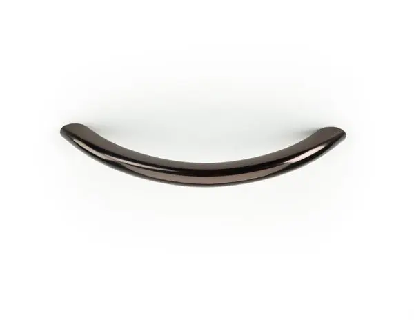 A close up of a curved metal handle on a white background.
