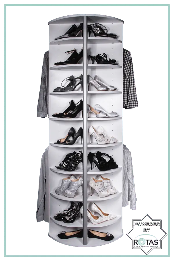 A shoe rack filled with shoes and clothes on a white background.