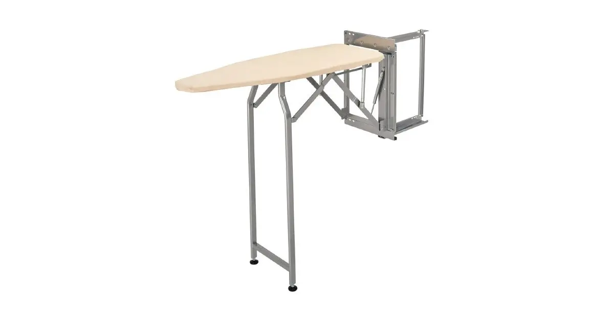 A wooden ironing board with a metal frame on a white background.