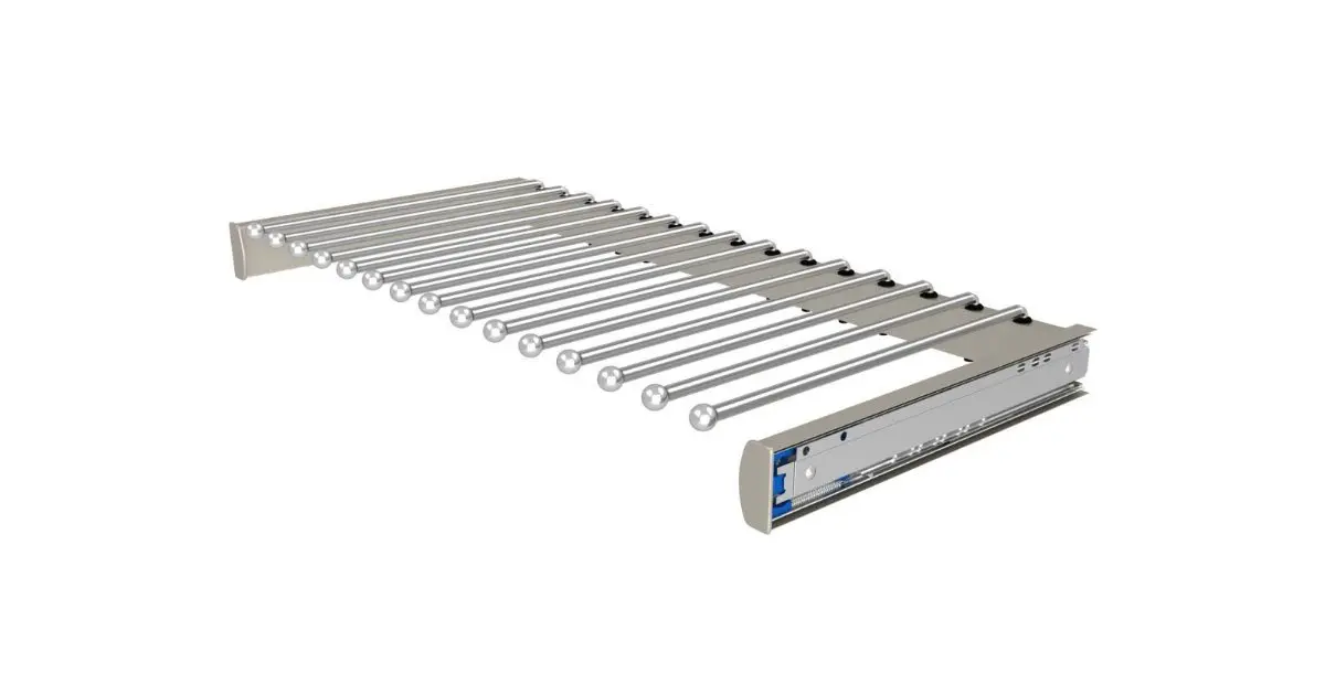 A stainless steel conveyor belt with wheels on a white background.