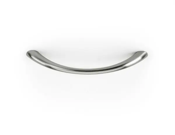 A stainless steel cabinet handle on a white background.