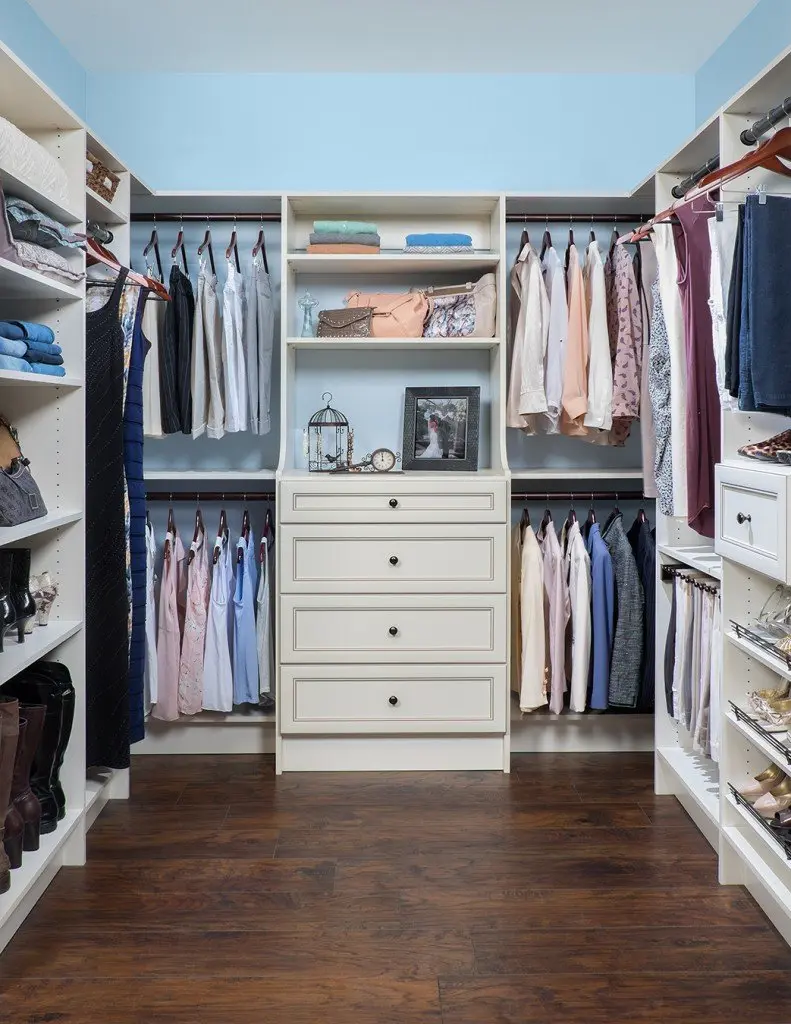 Antique White Walk in Custom Closet Systems