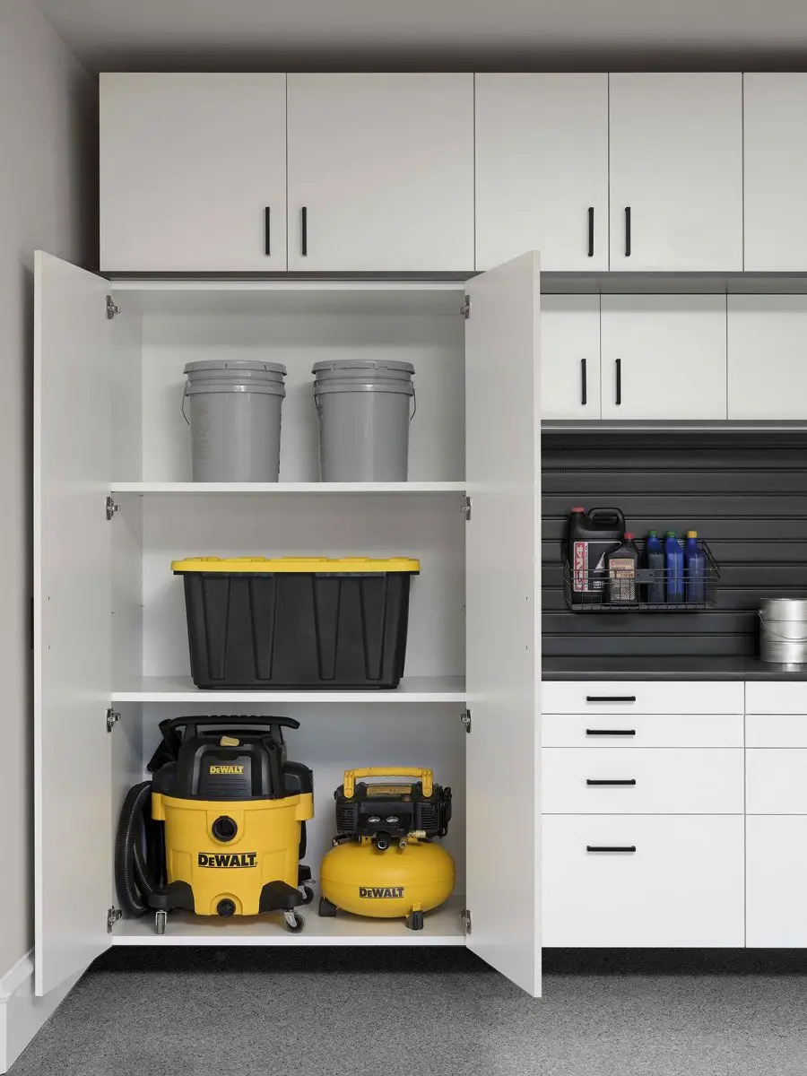 White Workbench and Garage Cabinet Systems