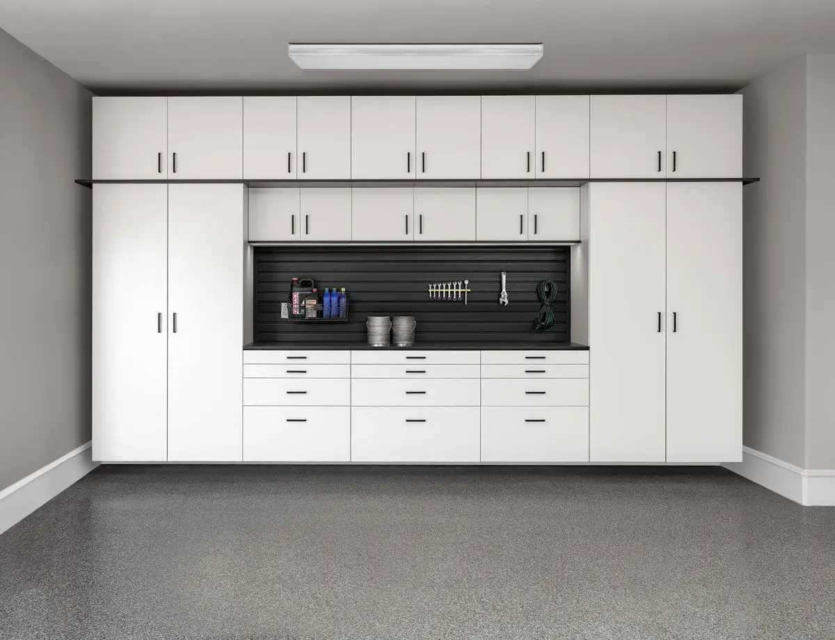 White Workbench and Garage Cabinet Systems