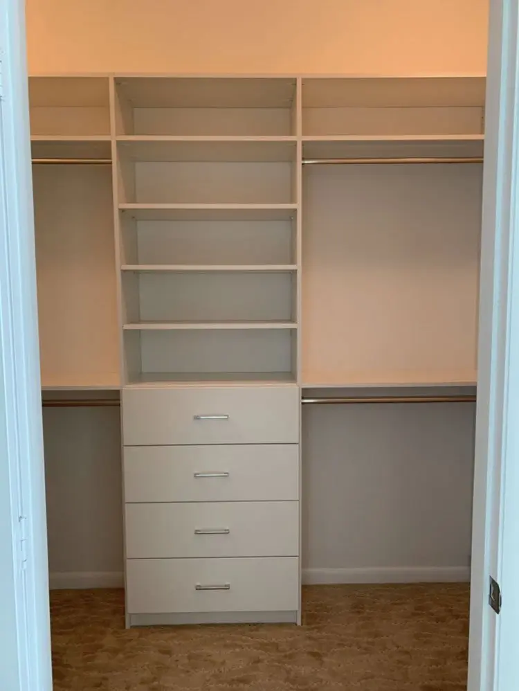 White Custom Closet - Modern Drawer Fronts With Half Angled Shoe Tower