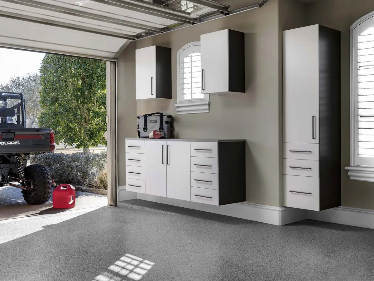White Workbench with Concrete Top Garage Cabinet Systems